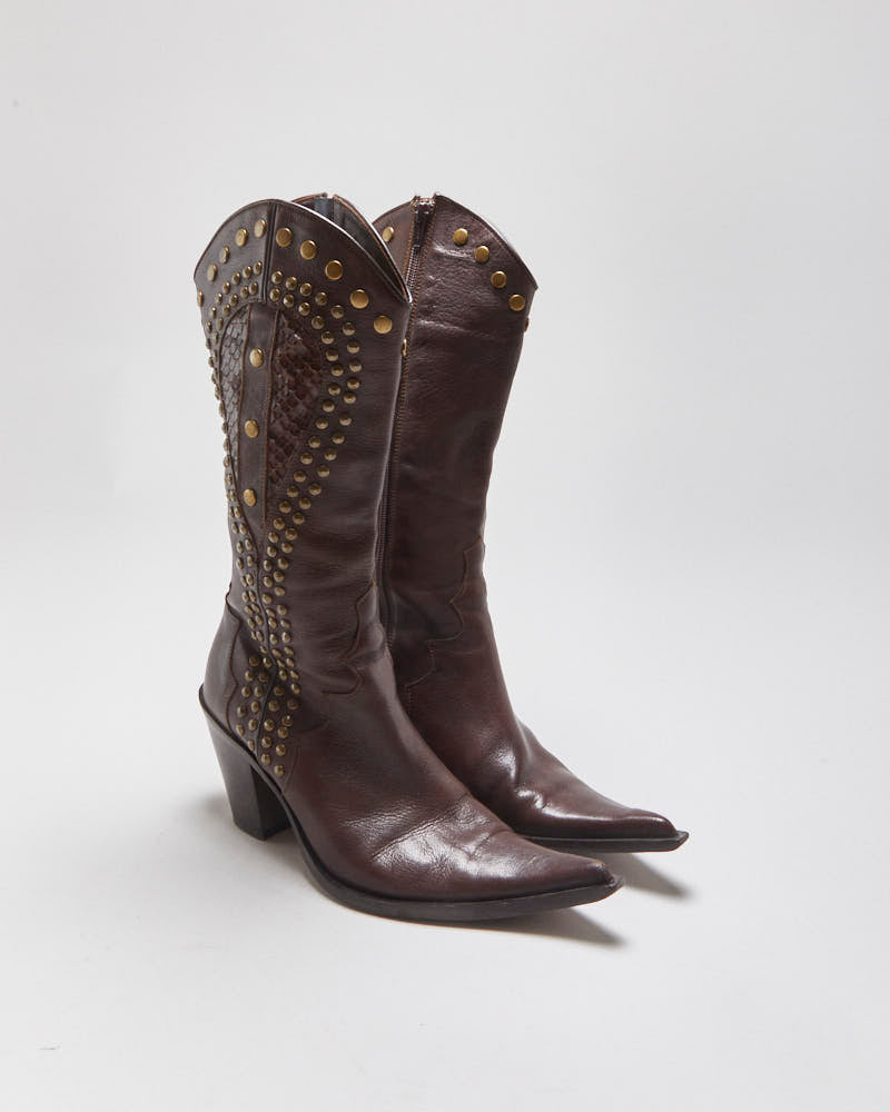 Vintage Y2K 00s Browns ID Women's Calfskin Leather Studded Python Pointed Toe Mid-Heel Cowboy Boots - UK5