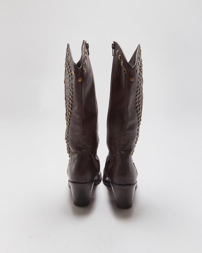 Vintage Y2K 00s Browns ID Women's Calfskin Leather Studded Python Pointed Toe Mid-Heel Cowboy Boots - UK5