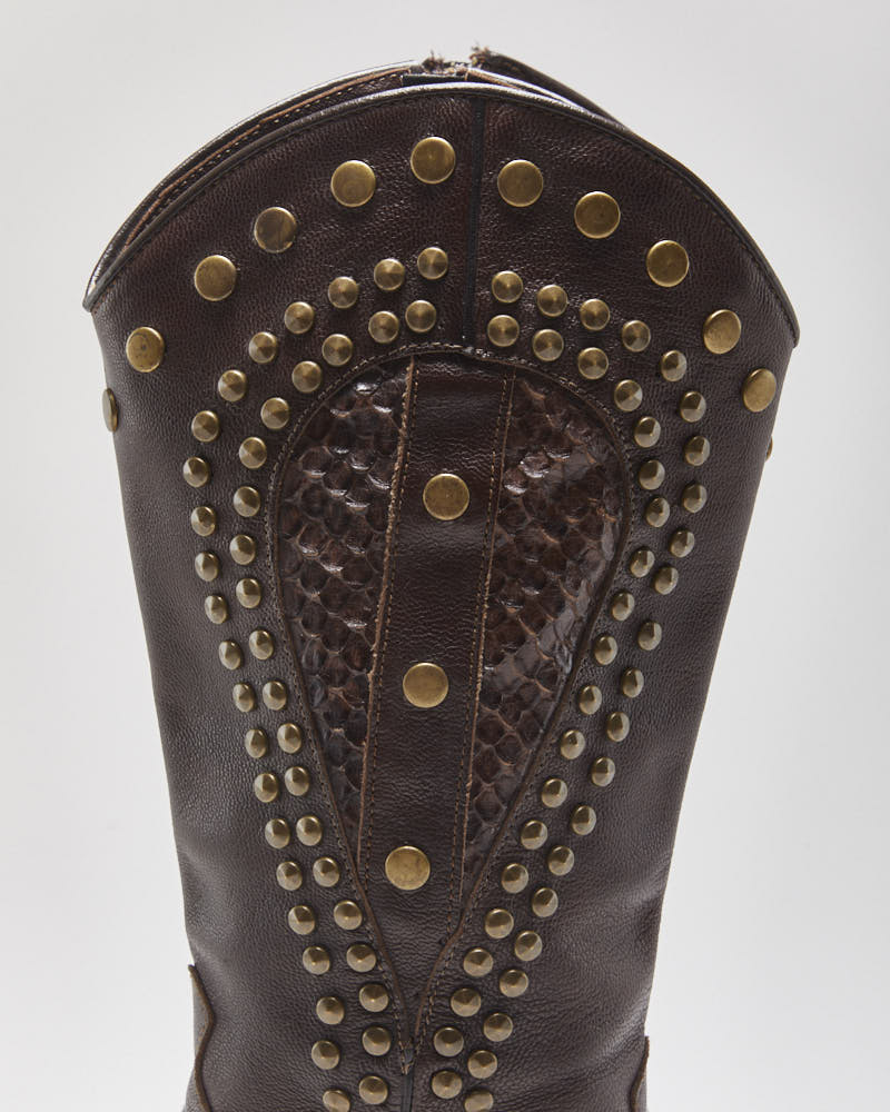 Vintage Y2K 00s Browns ID Women's Calfskin Leather Studded Python Pointed Toe Mid-Heel Cowboy Boots - UK5