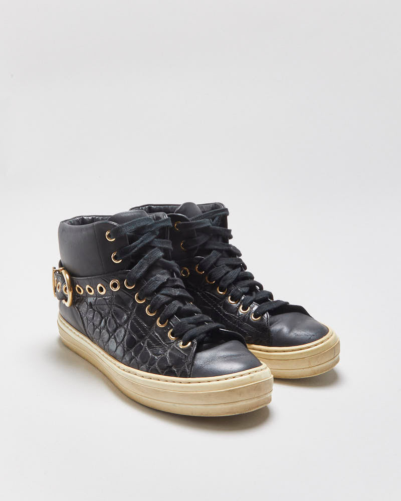 Vintage Salvatore Ferragamo Women's Black Alligator Embossed Leather Mid-Top Buckle Trainers - UK4.5