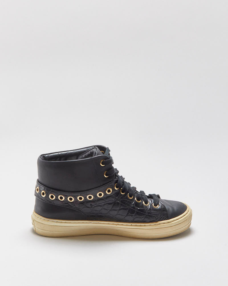 Vintage Salvatore Ferragamo Women's Black Alligator Embossed Leather Mid-Top Buckle Trainers - UK4.5
