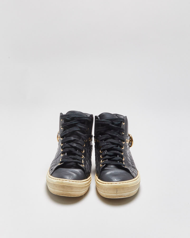 Vintage Salvatore Ferragamo Women's Black Alligator Embossed Leather Mid-Top Buckle Trainers - UK4.5