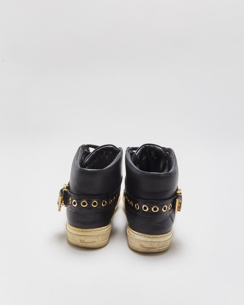 Vintage Salvatore Ferragamo Women's Black Alligator Embossed Leather Mid-Top Buckle Trainers - UK4.5