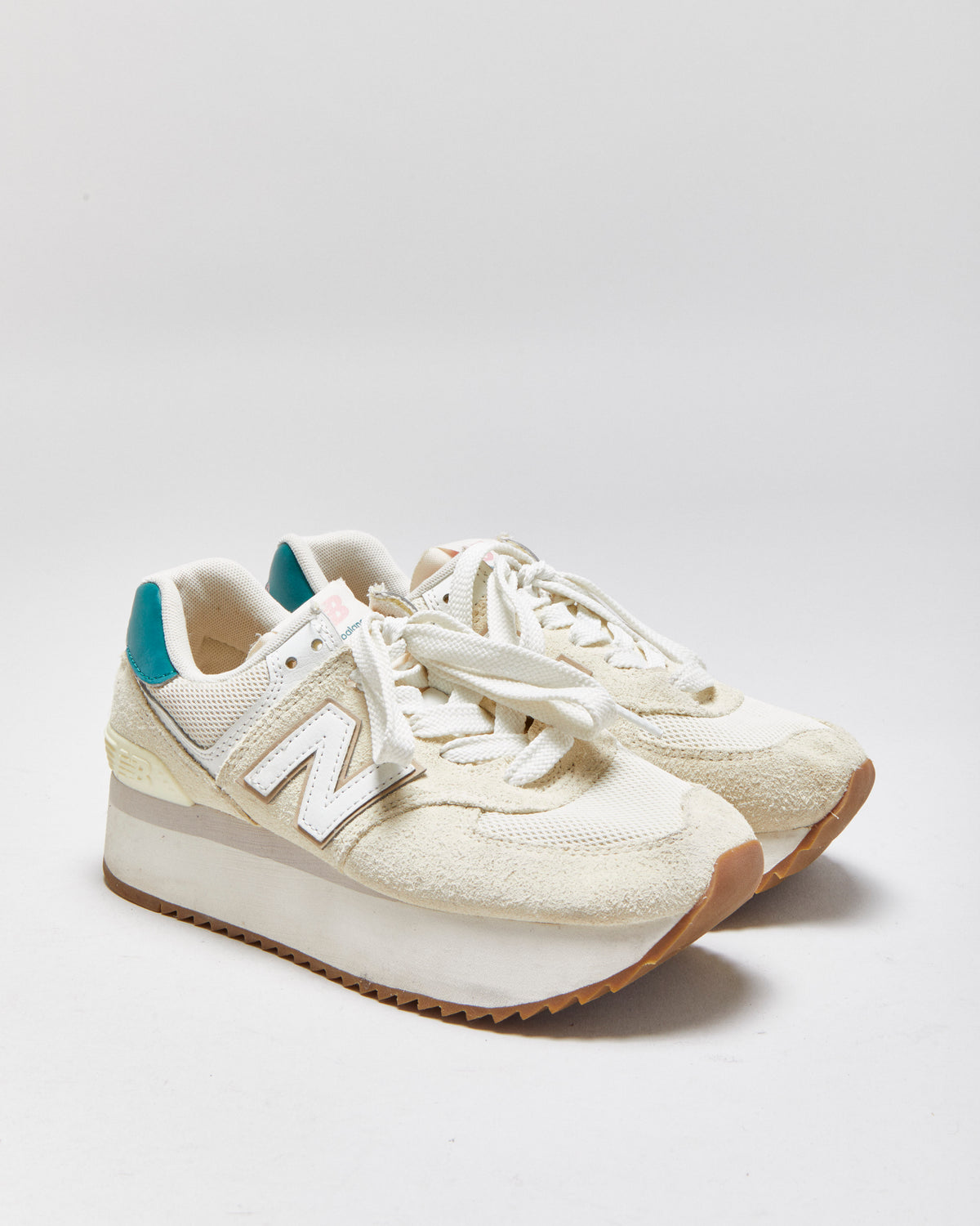 New Balance 574+ Turtledove/Vintage Teal Platform Trainers - UK5.5