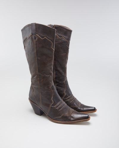 Vintage Women's Brown Leather Heeled Cowboy Boots - 4