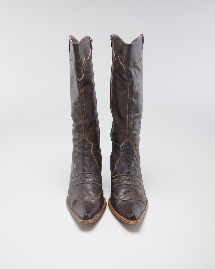 Vintage Women's Brown Leather Heeled Cowboy Boots - 4