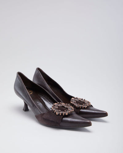 Vintage Woman's Brown Escada Leather Kitten Heels - UK ^