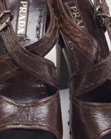 Vintage 00s Prada Brown Leather Wooden Heeled Sandals - UK 5