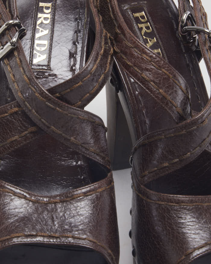 Vintage 00s Prada Brown Leather Wooden Heeled Sandals - UK 5