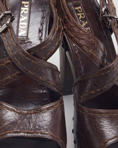 Vintage 00s Prada Brown Leather Wooden Heeled Sandals - UK 5