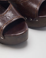 Vintage 00s Prada Brown Leather Wooden Heeled Sandals - UK 5