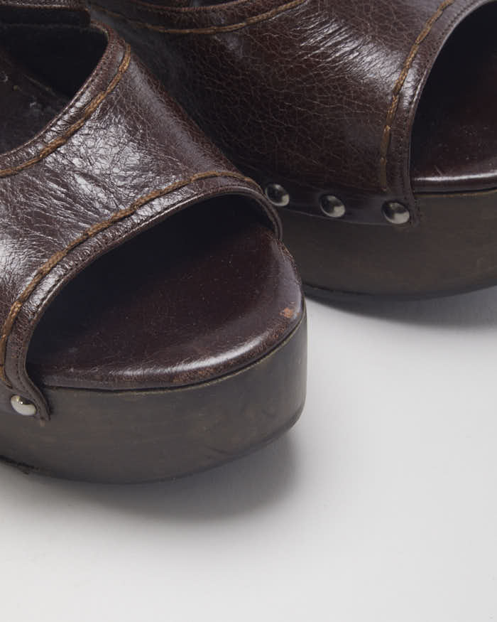 Vintage 00s Prada Brown Leather Wooden Heeled Sandals - UK 5