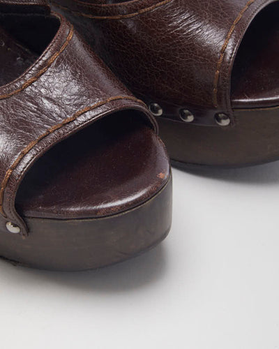 Vintage 00s Prada Brown Leather Wooden Heeled Sandals - UK 5