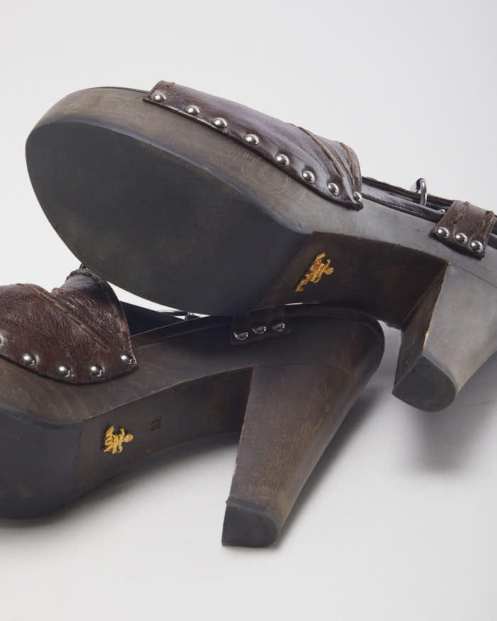 Vintage 00s Prada Brown Leather Wooden Heeled Sandals - UK 5