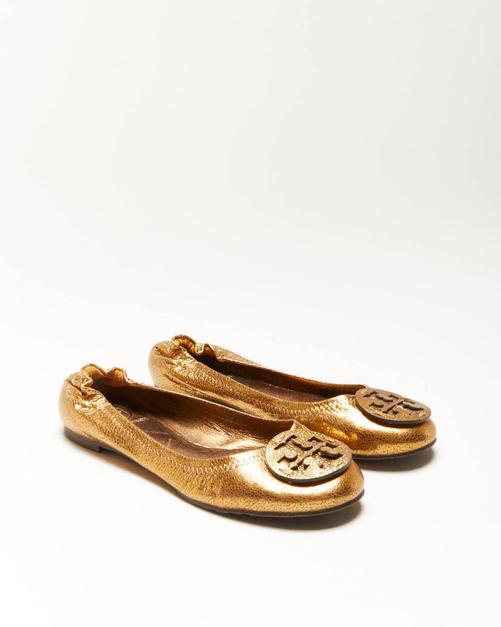 Tory Burch Gold Leather Ballet Flats - UK5