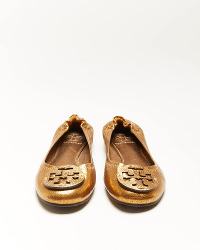 Tory Burch Gold Leather Ballet Flats - UK5