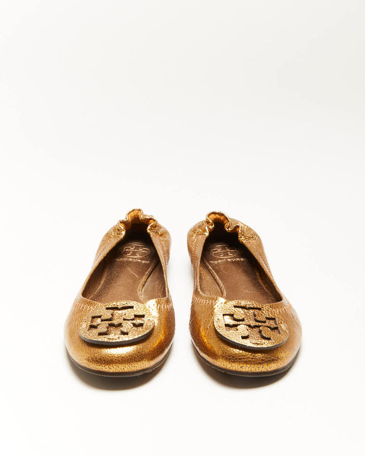 Tory Burch Gold Leather Ballet Flats - UK5