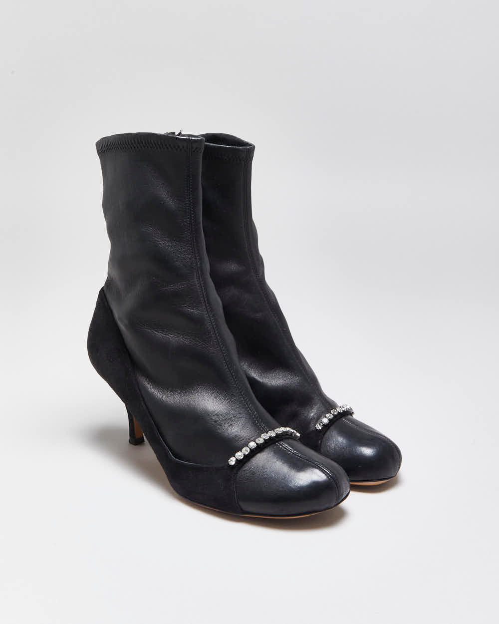 Fall2022 Valentino Garavani Women's Crystal-Embellished Stretch Leather &amp; Suede Mid Heel Sock Boots - UK4