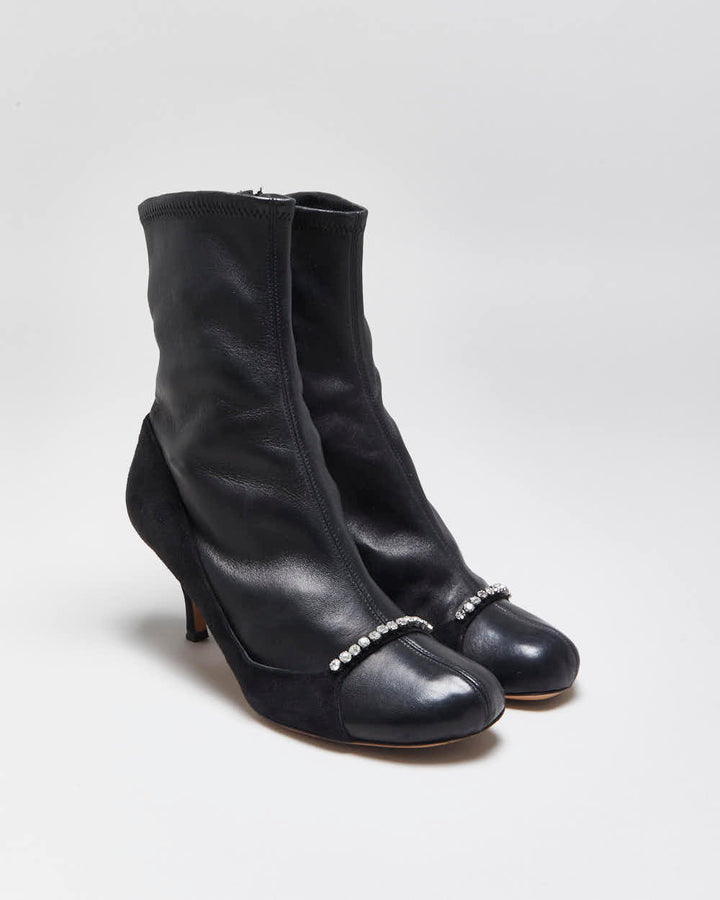 Fall2022 Valentino Garavani Women's Crystal-Embellished Stretch Leather & Suede Mid Heel Sock Boots - UK4