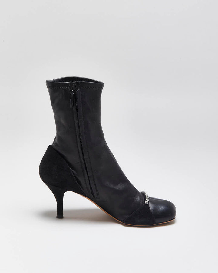Fall2022 Valentino Garavani Women's Crystal-Embellished Stretch Leather & Suede Mid Heel Sock Boots - UK4