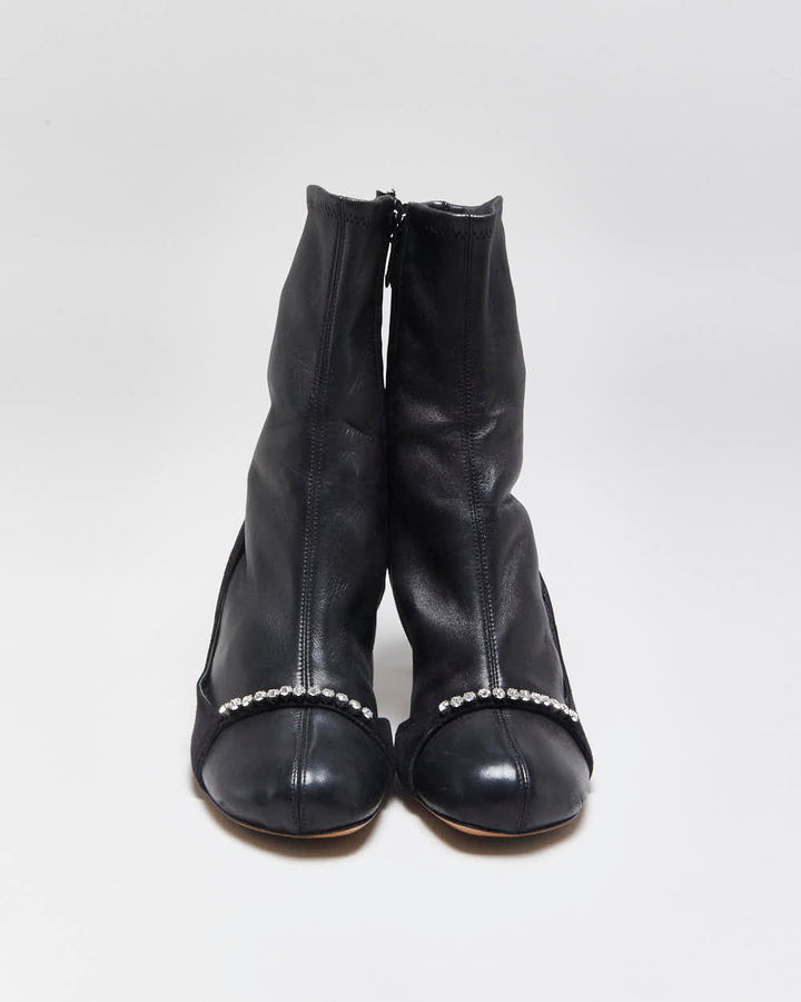 Fall2022 Valentino Garavani Women's Crystal-Embellished Stretch Leather & Suede Mid Heel Sock Boots - UK4