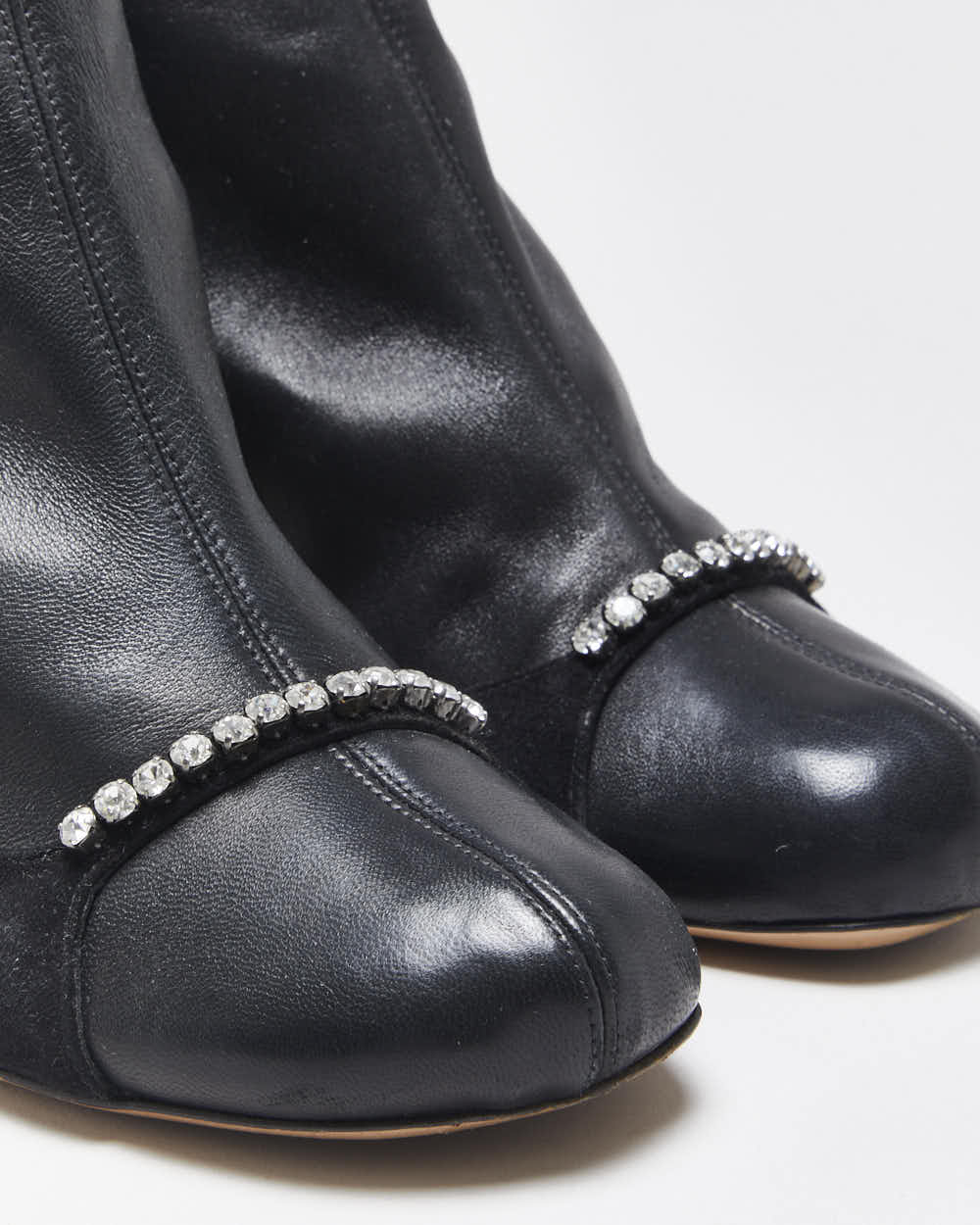 Fall2022 Valentino Garavani Women's Crystal-Embellished Stretch Leather &amp; Suede Mid Heel Sock Boots - UK4