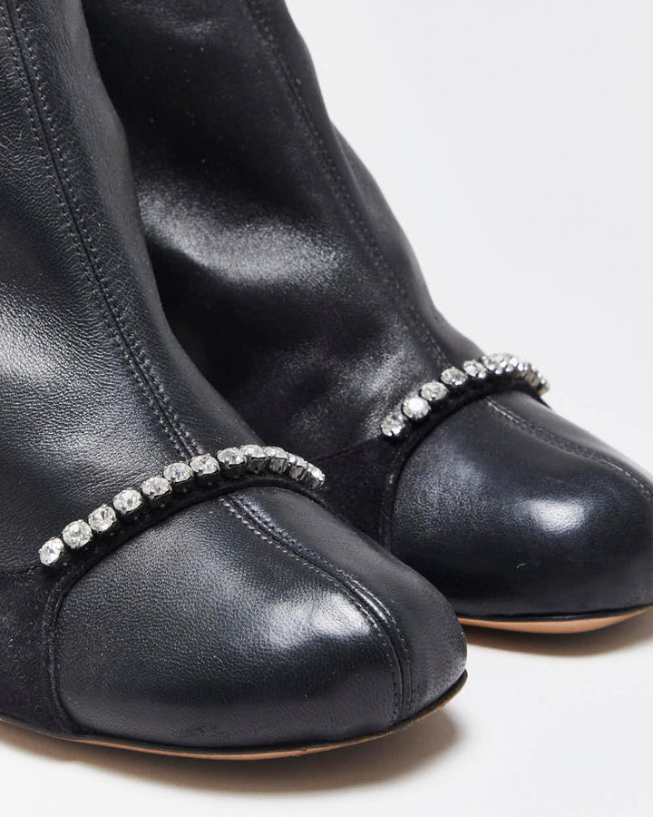 Fall2022 Valentino Garavani Women's Crystal-Embellished Stretch Leather & Suede Mid Heel Sock Boots - UK4