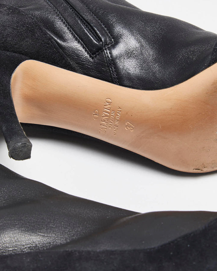Fall2022 Valentino Garavani Women's Crystal-Embellished Stretch Leather & Suede Mid Heel Sock Boots - UK4