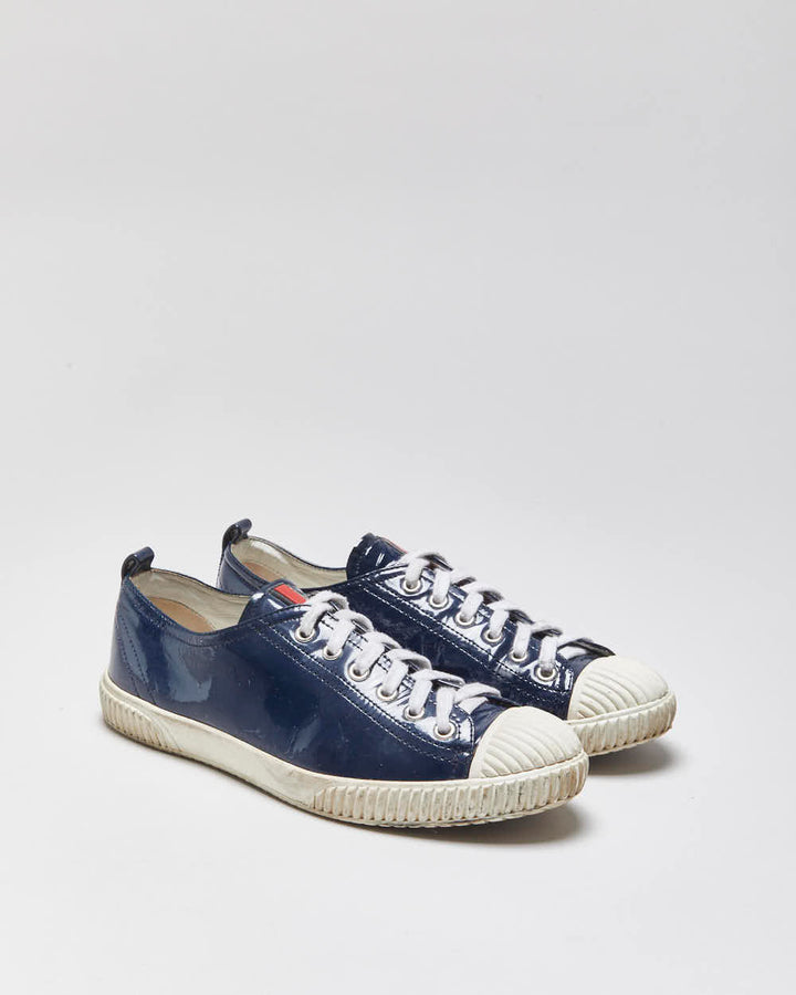 Vintage Y2K 00s Prada Sport Women's Royal Blue Patent Leather Low Top Trainers - UK4