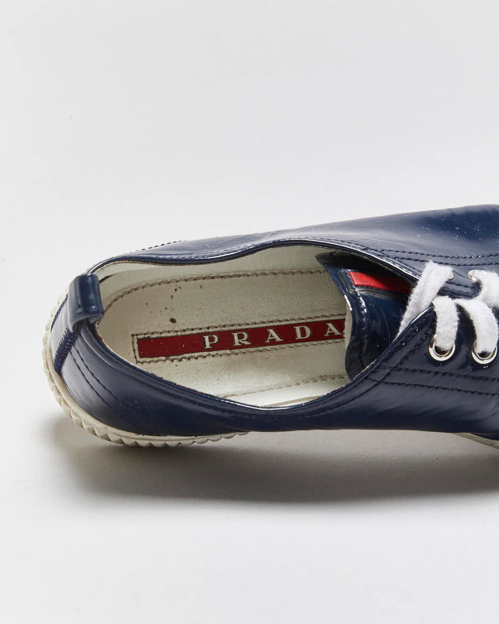 Vintage Y2K 00s Prada Sport Women's Royal Blue Patent Leather Low Top Trainers - UK4