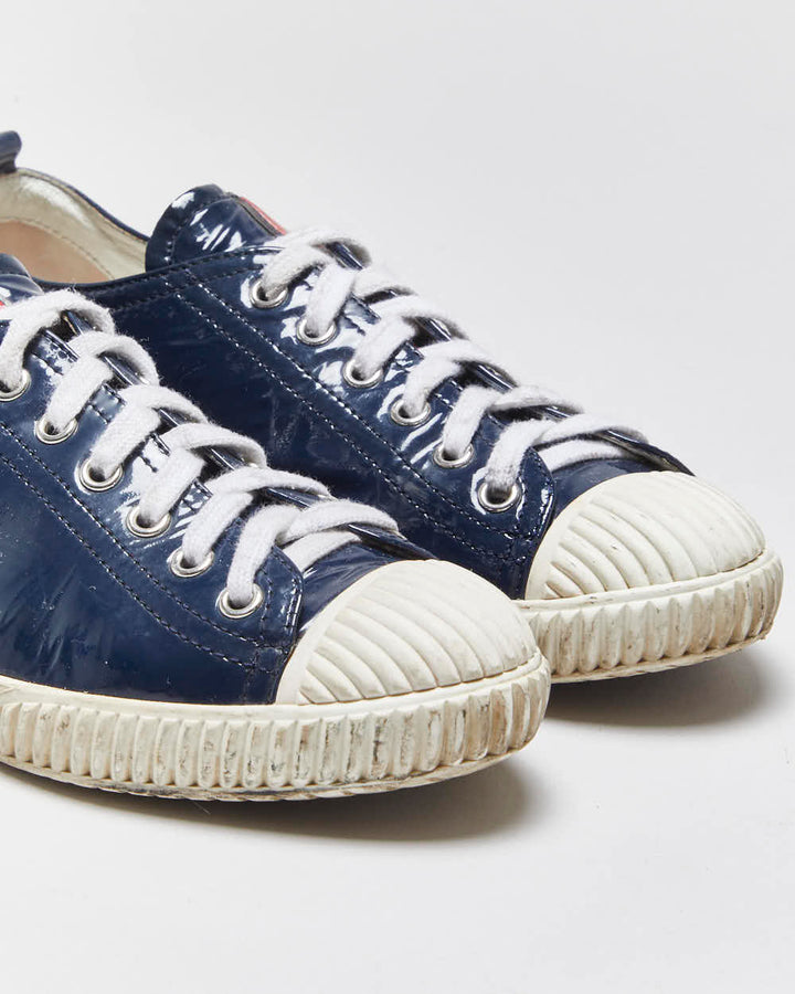 Vintage Y2K 00s Prada Sport Women's Royal Blue Patent Leather Low Top Trainers - UK4