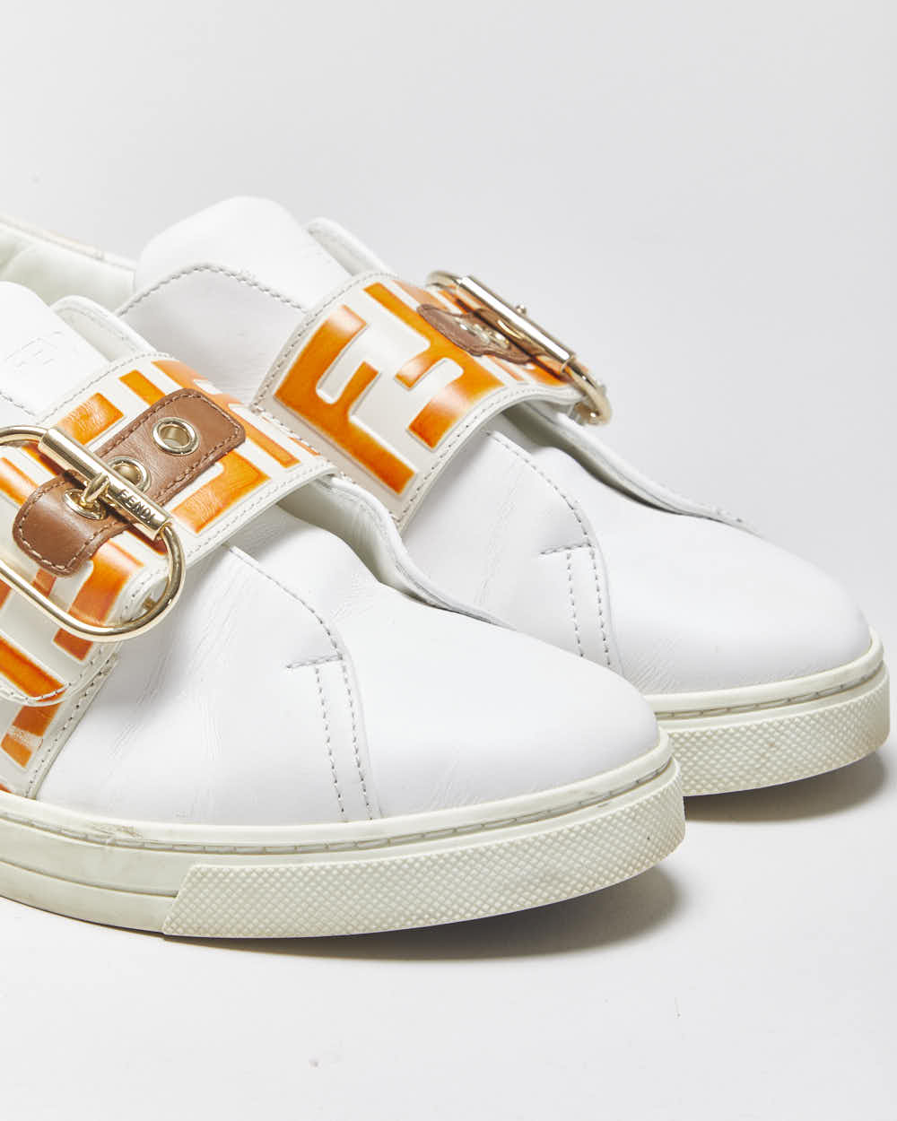 2022 Fendi Signature FF Monogram Strap Buckle Leather Women's Low Top Trainers - UK5.5