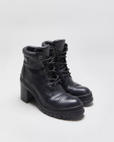 AW2020 Prada Women's Black Leather Lace Up Block Heel Combat Ankle Boots - UK2