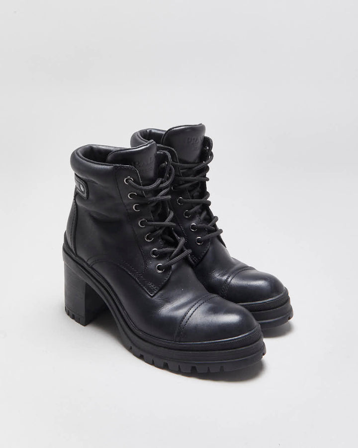 AW2020 Prada Women's Black Leather Lace Up Block Heel Combat Ankle Boots - UK2