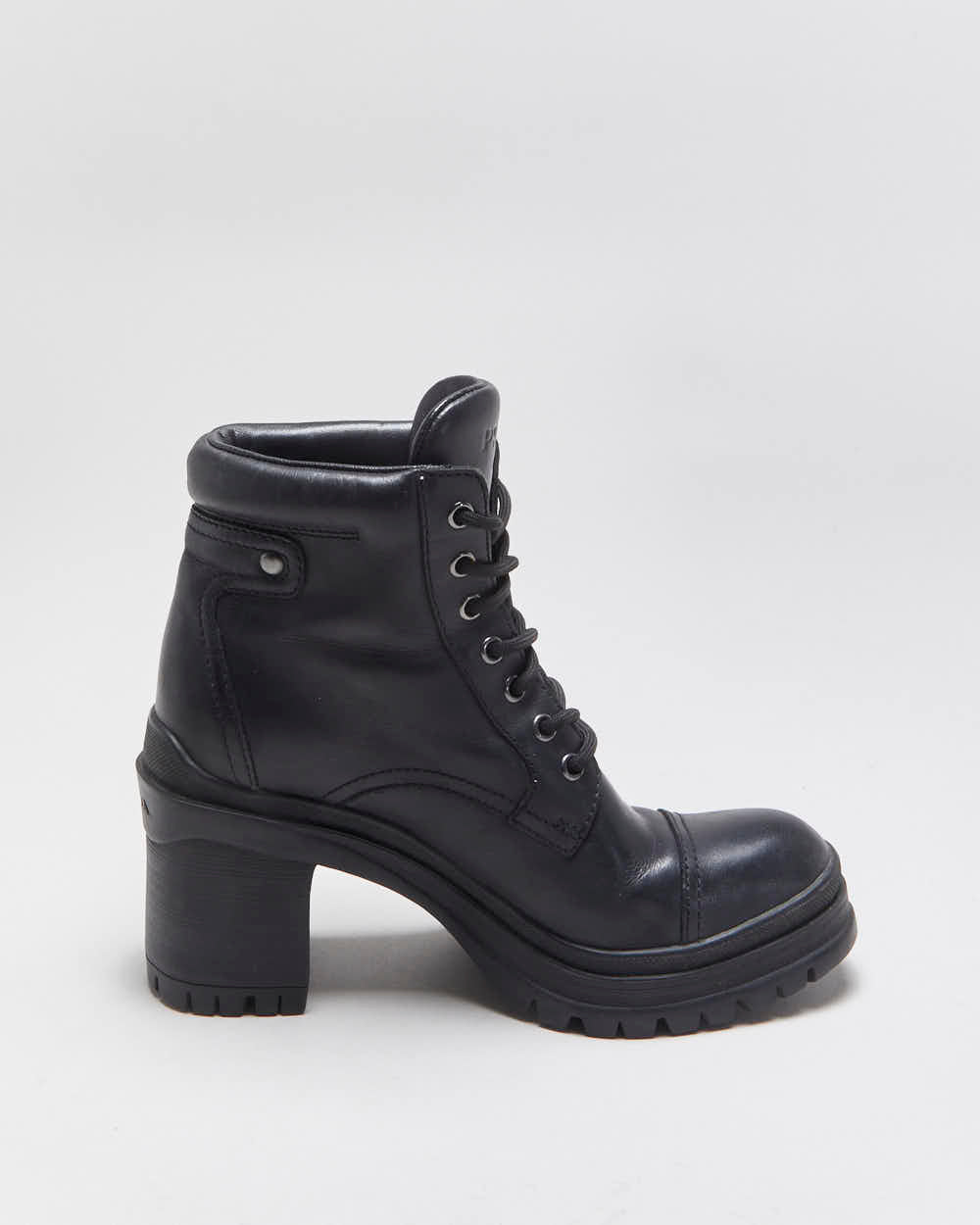 AW2020 Prada Women's Black Leather Lace Up Block Heel Combat Ankle Boots - UK2