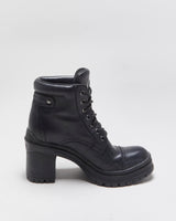 AW2020 Prada Women's Black Leather Lace Up Block Heel Combat Ankle Boots - UK2