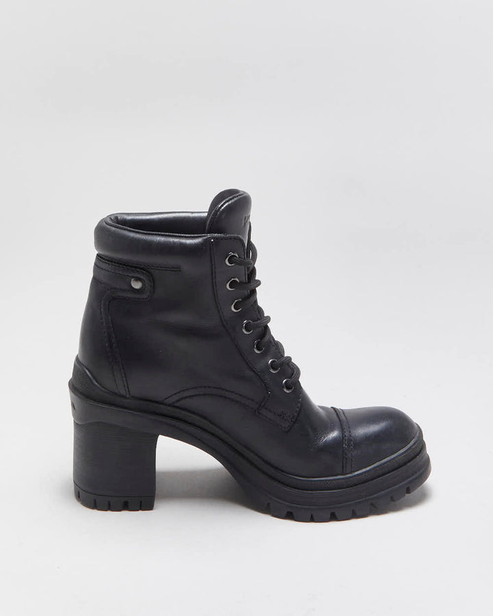 AW2020 Prada Women's Black Leather Lace Up Block Heel Combat Ankle Boots - UK2