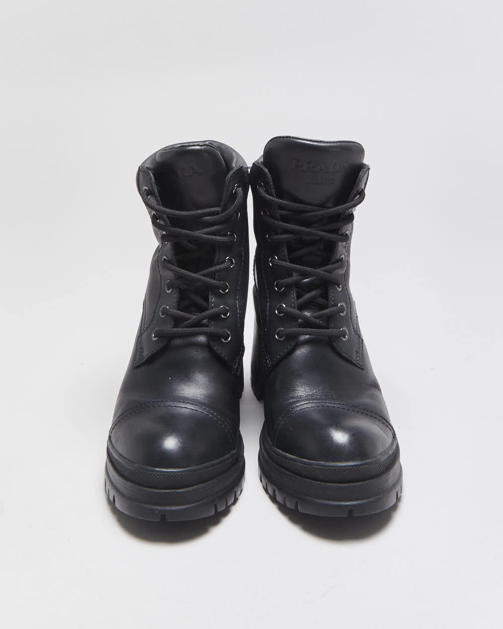 AW2020 Prada Women's Black Leather Lace Up Block Heel Combat Ankle Boots - UK2