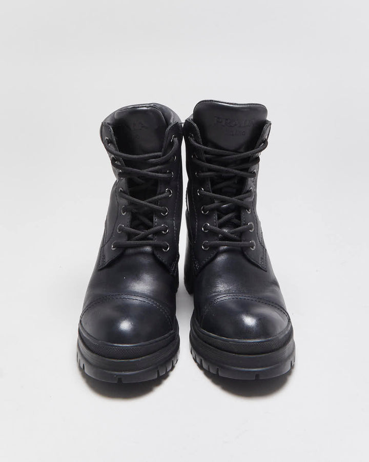 AW2020 Prada Women's Black Leather Lace Up Block Heel Combat Ankle Boots - UK2