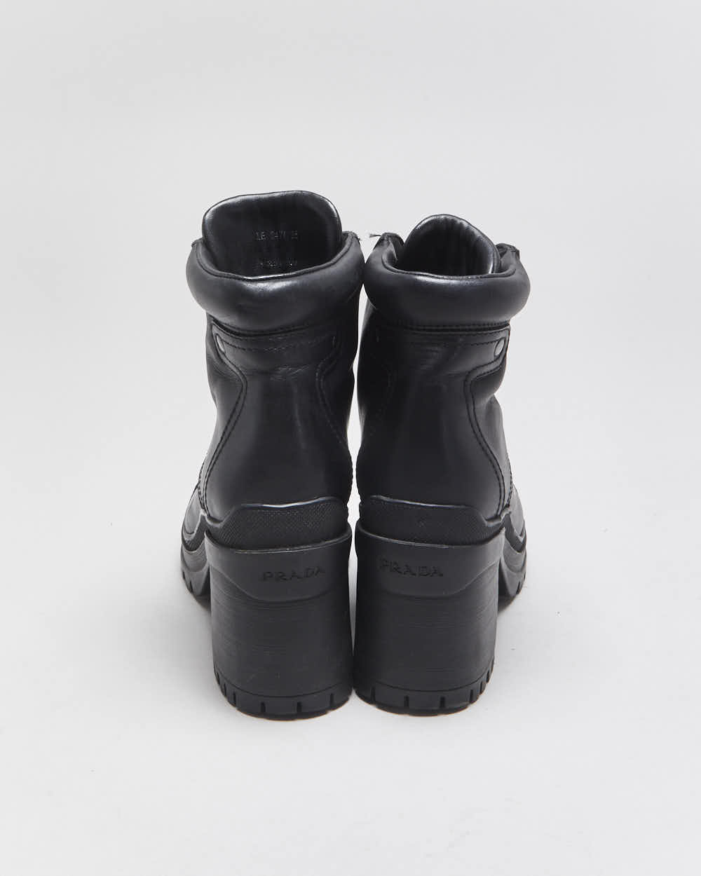 AW2020 Prada Women's Black Leather Lace Up Block Heel Combat Ankle Boots - UK2