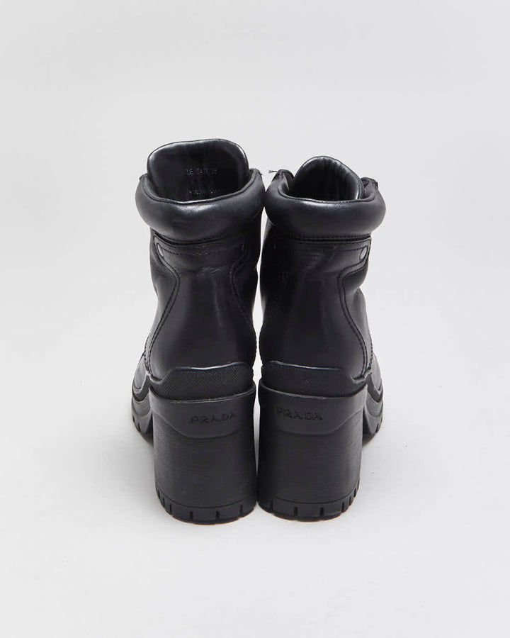 AW2020 Prada Women's Black Leather Lace Up Block Heel Combat Ankle Boots - UK2