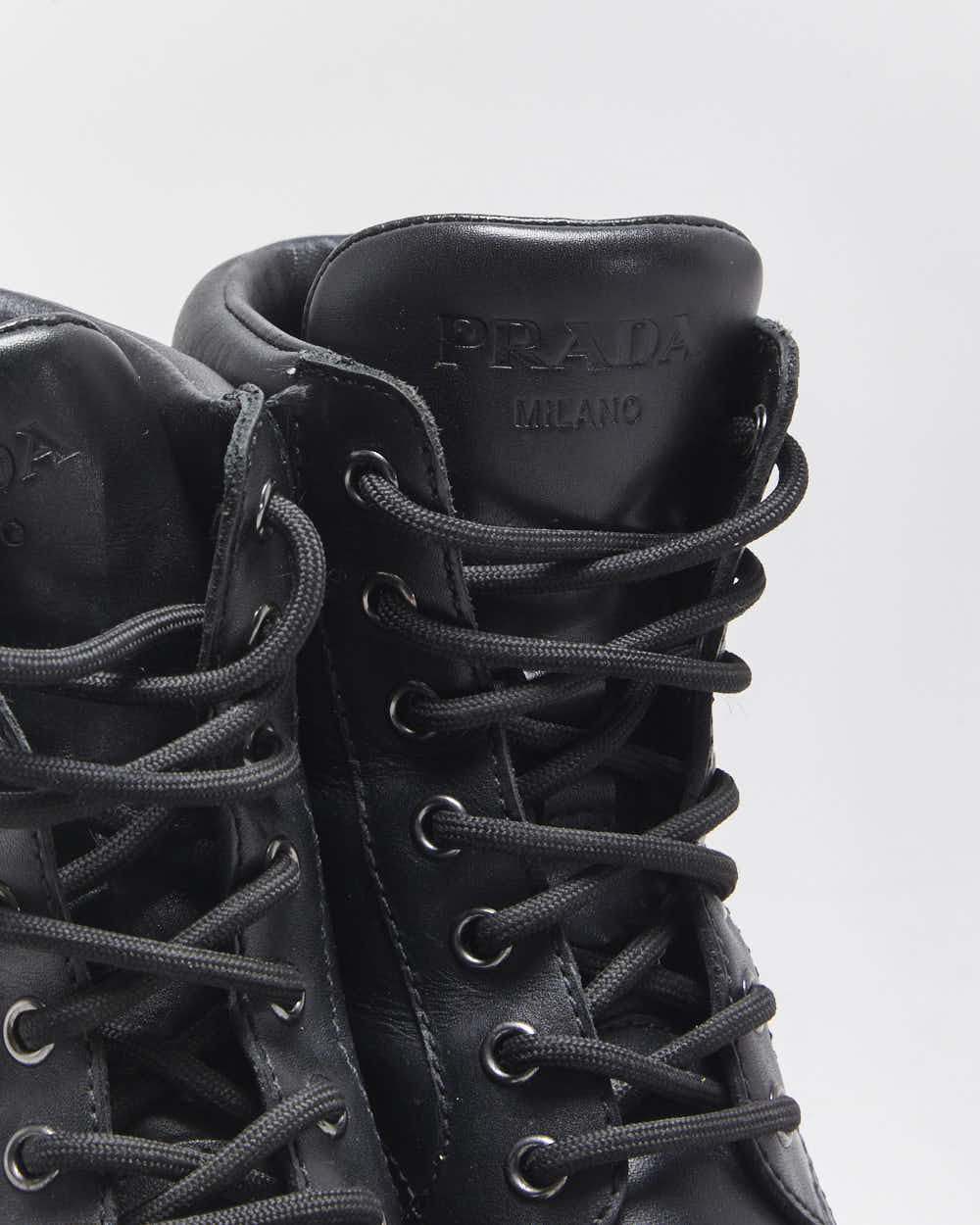AW2020 Prada Women's Black Leather Lace Up Block Heel Combat Ankle Boots - UK2