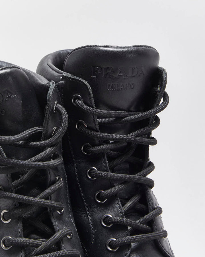 AW2020 Prada Women's Black Leather Lace Up Block Heel Combat Ankle Boots - UK2