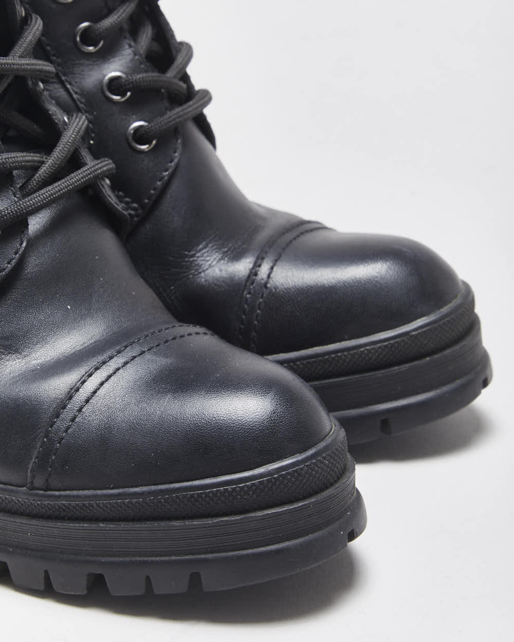 AW2020 Prada Women's Black Leather Lace Up Block Heel Combat Ankle Boots - UK2
