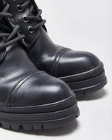 AW2020 Prada Women's Black Leather Lace Up Block Heel Combat Ankle Boots - UK2