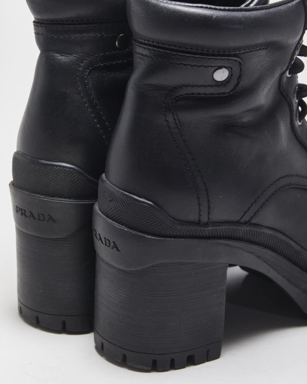AW2020 Prada Women's Black Leather Lace Up Block Heel Combat Ankle Boots - UK2