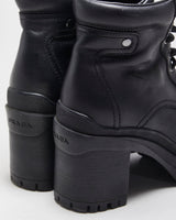 AW2020 Prada Women's Black Leather Lace Up Block Heel Combat Ankle Boots - UK2