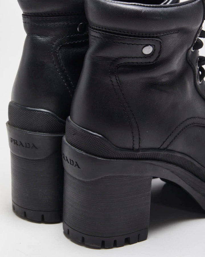 AW2020 Prada Women's Black Leather Lace Up Block Heel Combat Ankle Boots - UK2