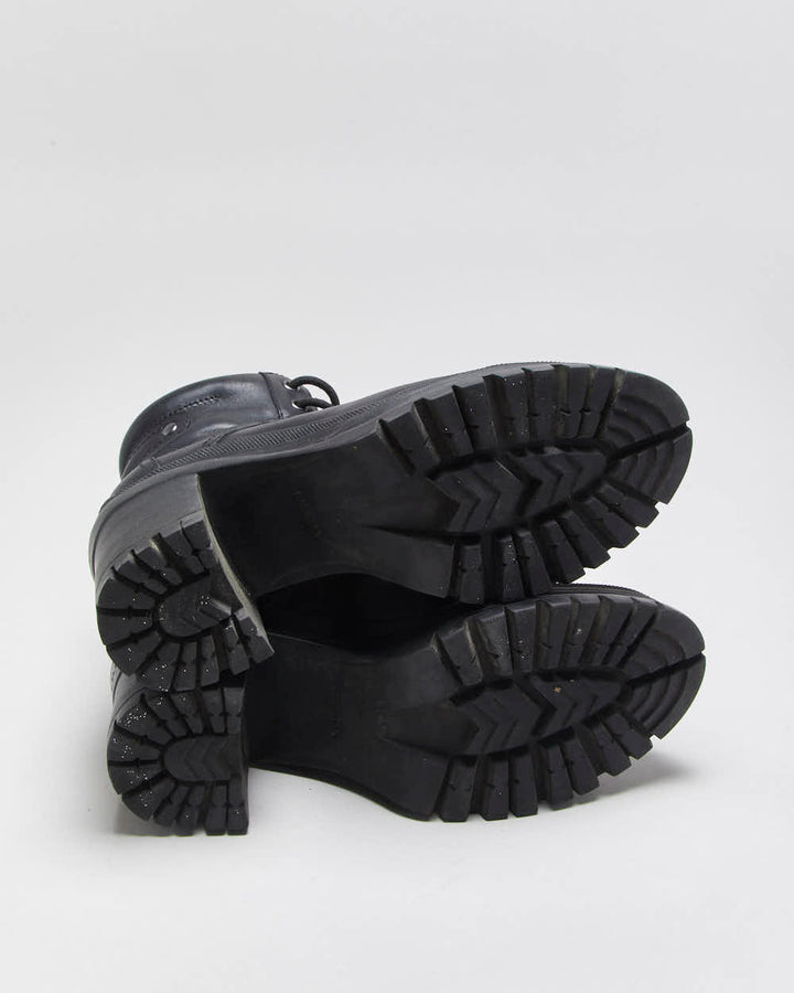 AW2020 Prada Women's Black Leather Lace Up Block Heel Combat Ankle Boots - UK2