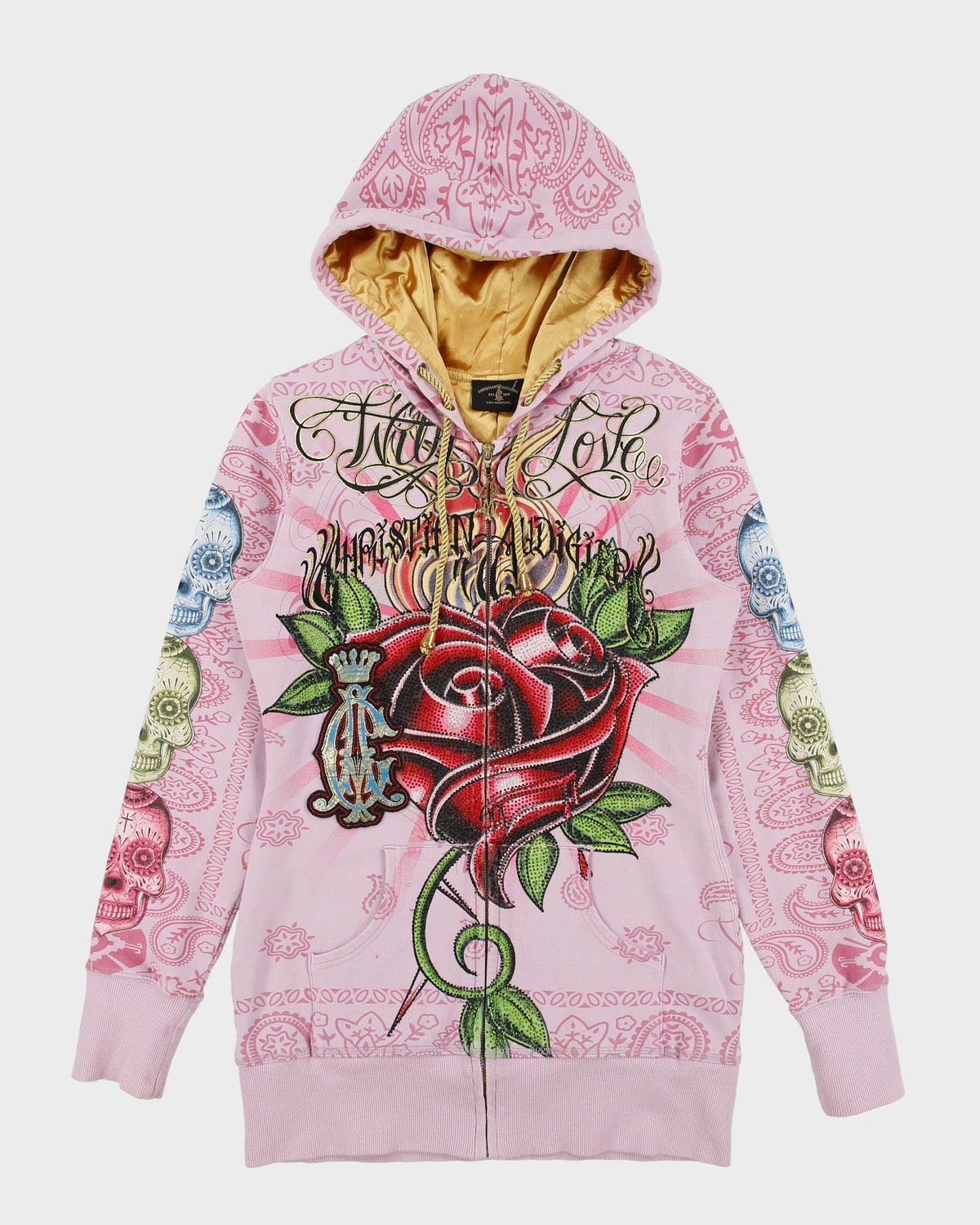 Vintage Y2K 00s Christian Audigier Women's Baby Pink With Love Rhinestone Embellished Long Fit Zip-Up Hoodie - M